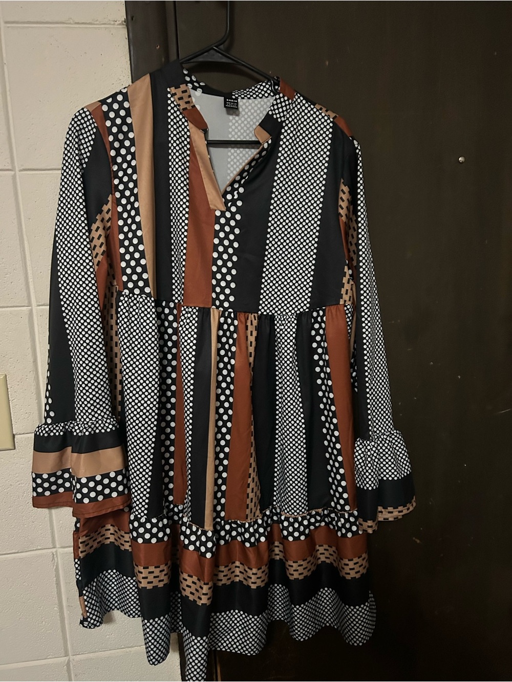 SHEIN Black and Brown Mixed Polka Dot & Stripe Tiered Long Sleeve Dress